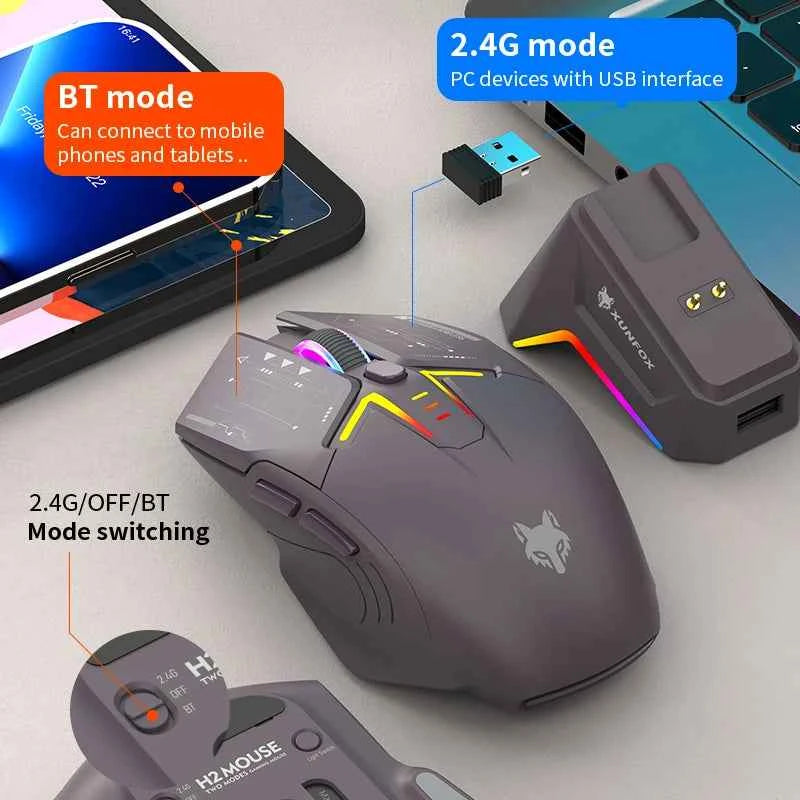 H2 Mouse, lightweight S205, three-mode wireless Bluetooth mouse for gaming, charging, RGB lighting, suitable for