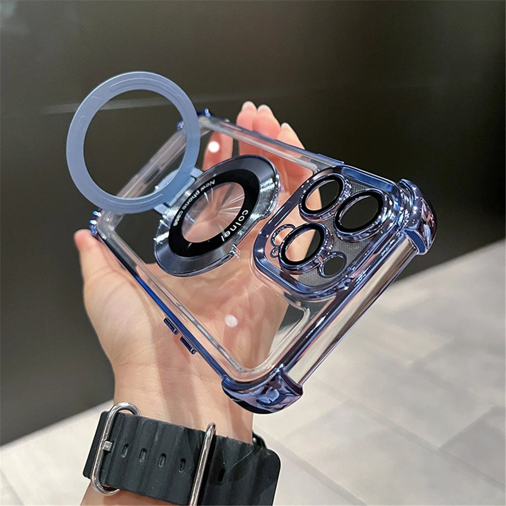 Luxury Plating Shockproof Magnetic Bracket For Magsafe Clear Case For iPhone 17 15 16 14 13 12 11Pro Max With Holder Stand Cover