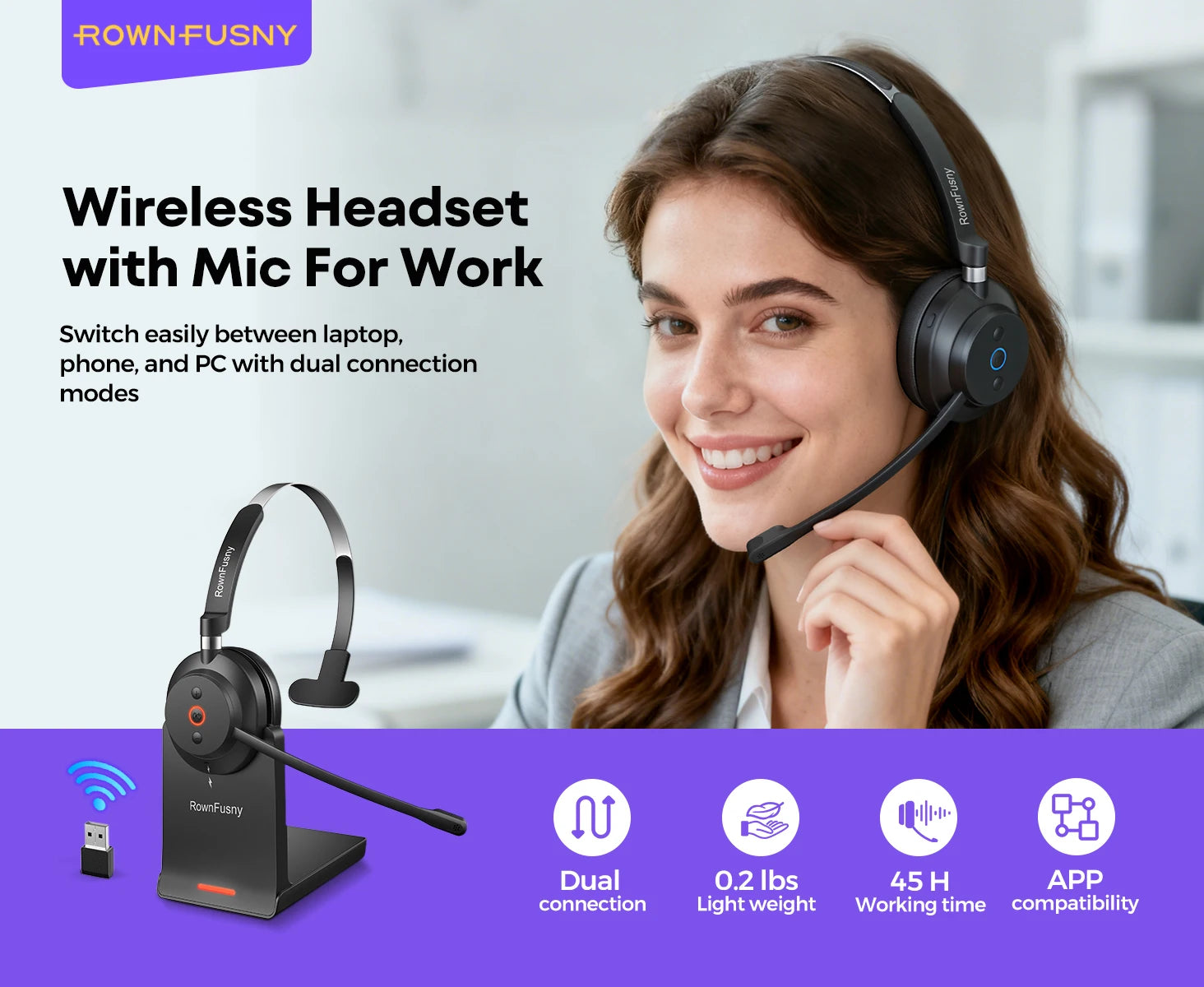 RownFusny R03 Call Center Wireless Headset Bluetooth 5.3 Computer Headphones Bluetooth Headsets with USB Noise Reduction Mic