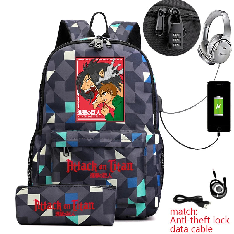 Attack on Titan Anime Print School Backpack Anti-Theft Laptop Bag for Boys Girls with Pencil Case
