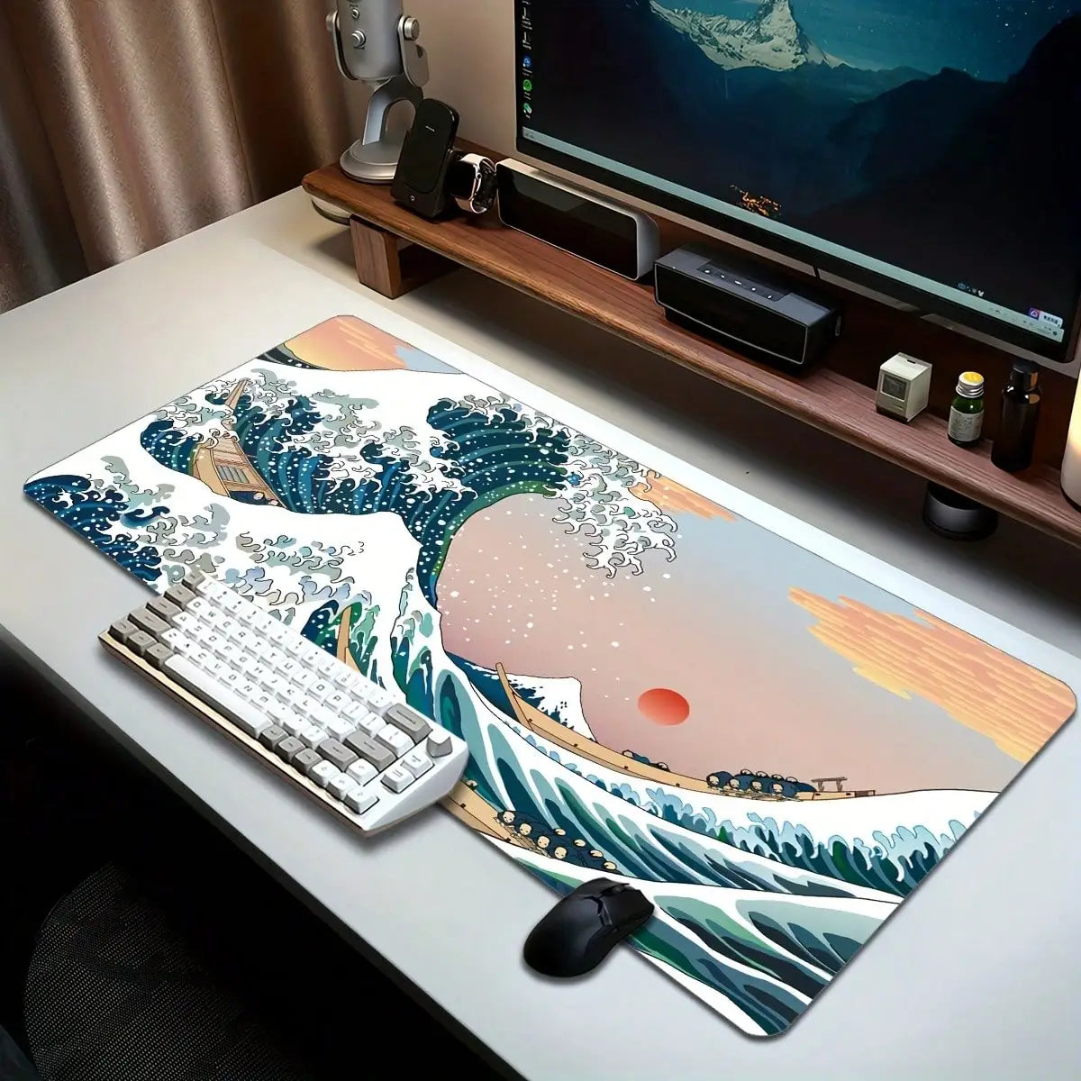 XXL Gaming Mouse Pad Featuring A Black-And-White Wave Art Design; Washable Surface; Stylish Rectangular Desk Mat Suitable For Desktops, Laptops, Office Work