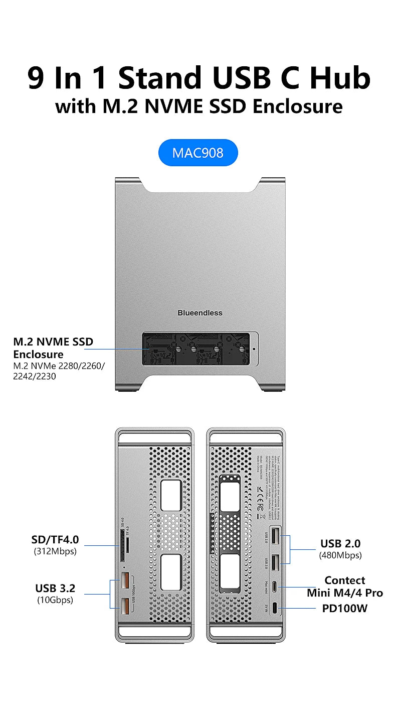 Blueendless ssd docking For 2024 MAC Mini M4/M4 Pro Stand with M.2 NVMe SSD enclosure 4K/60HZ HDMI-Com SD4.0 TF4.0 10Gbps C HUB