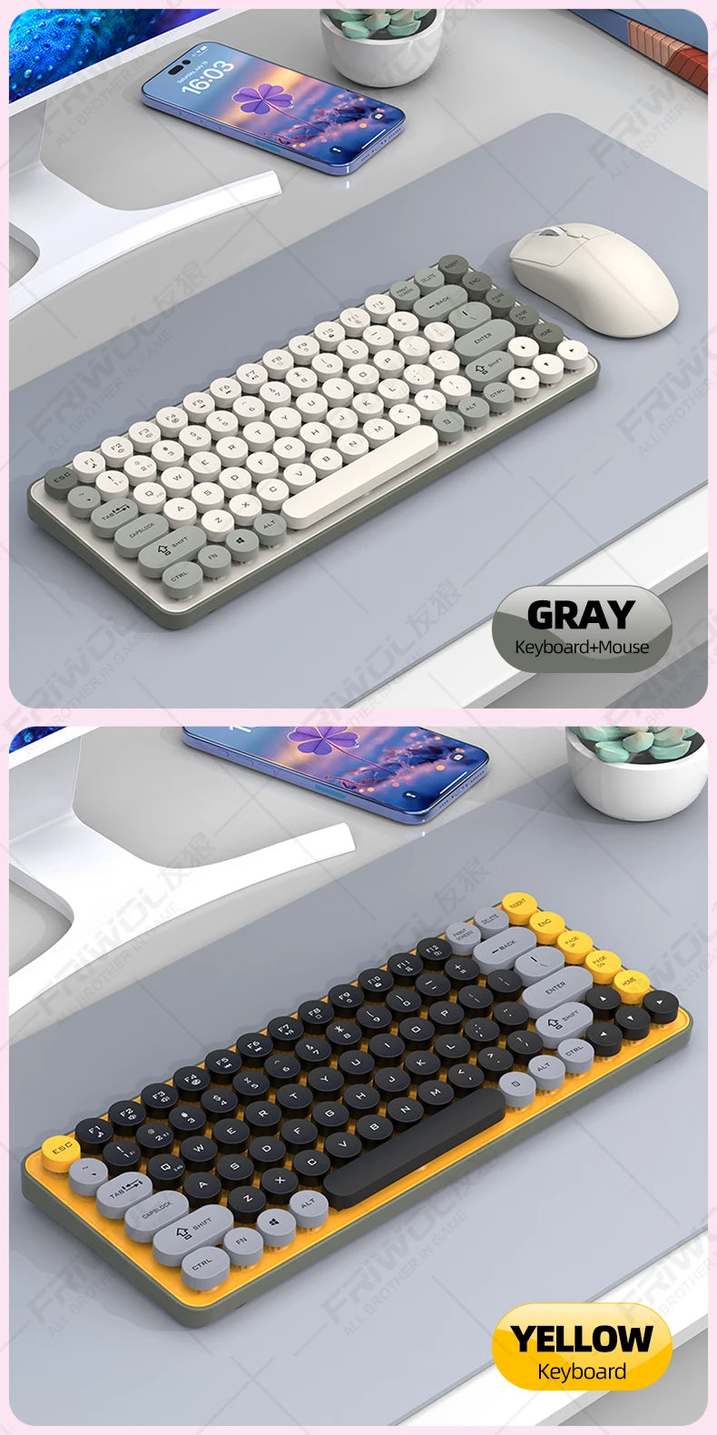 Friwol BT185 Bluetooth Wireless Keyboard Mouse Set Punk Keycap Laptop Desktop Office Mute Keyboard Mechanical Feel