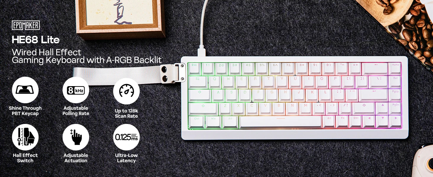 EPOMAKER HE68 Lite 65% Layout Tray-Mounted Wired Hall Effect NKRO Magnetic Keyboard DKS SOCD 8kHZ Polling Adjustable Actuation