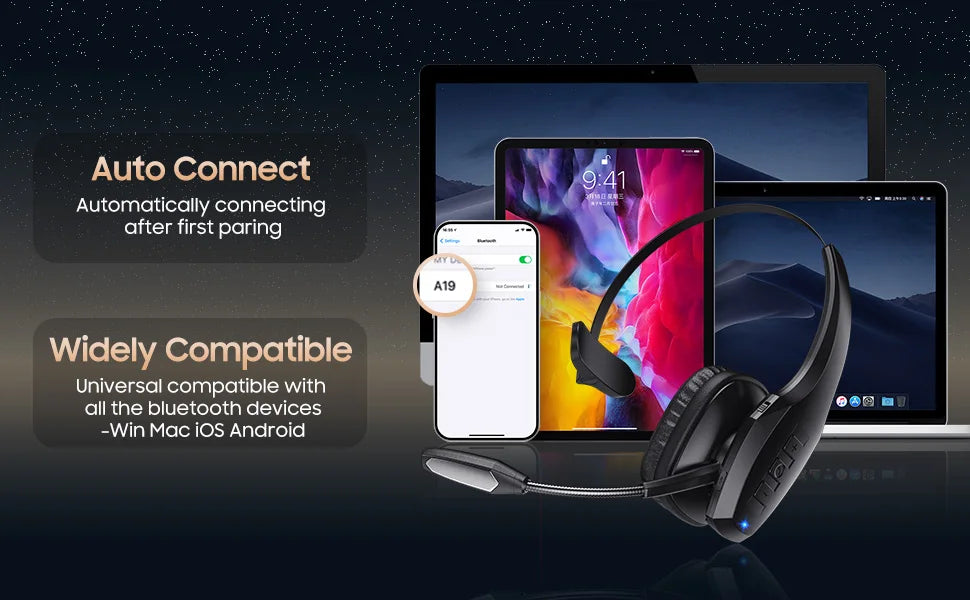 Trucker Bluetooth Headset, Wireless Headset with Mic, Bluetooth Headsets with Dual Noise Cancelling Microphone & Mute Button
