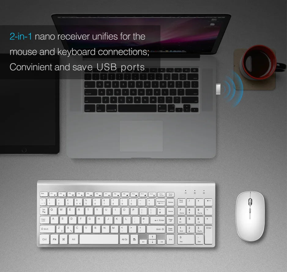 Wireless Keyboard Mouse Combo,U.S. Layout,2.4G USB Compact and Convenient, Slim, Portable Ergonomic, Silver White