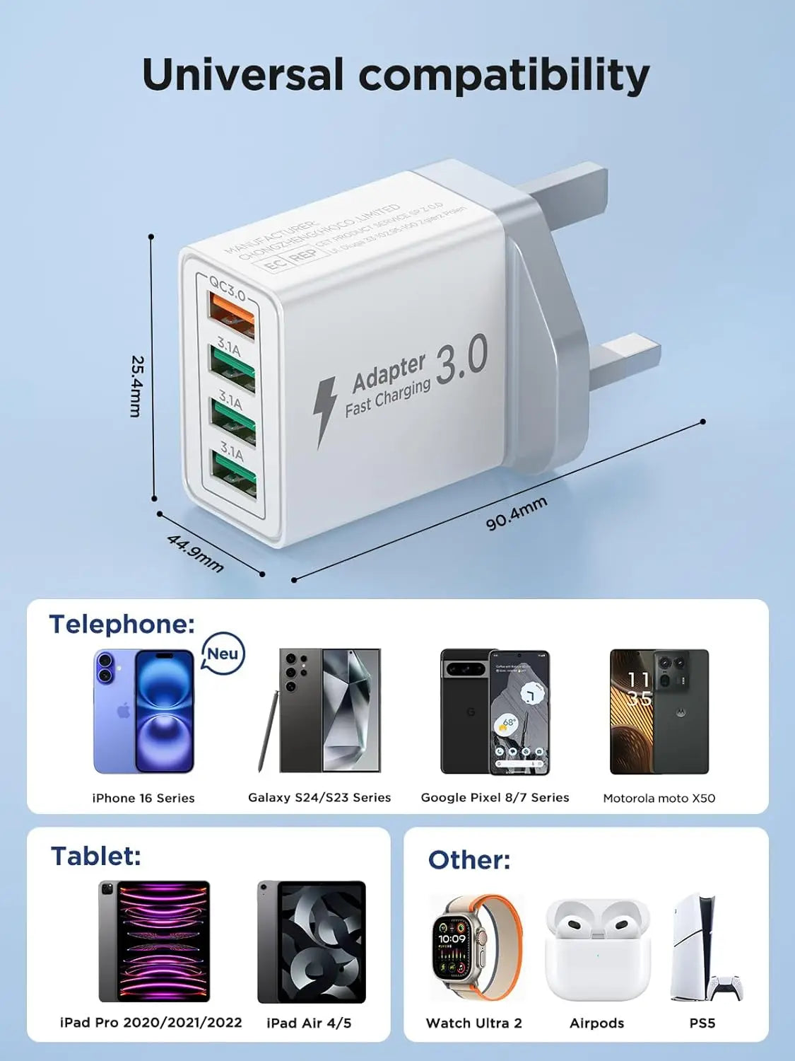 UK Plug 4-Port USB-A Wall Charger Block, 33W QC3.0 Fast Charging Adapter Phone Chargers Blocks For iPhone Huawei Xiaomi