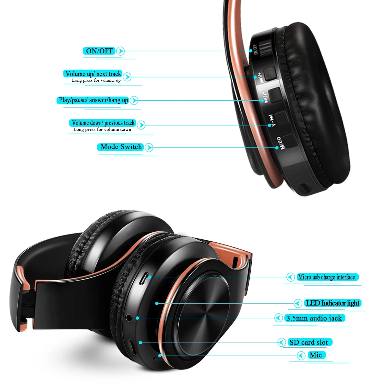 New Arrival Colors Wireless Bluetooth Headphone Stereo Headset Music Headset Over the Earphone with Mic for Iphone Sumsamg