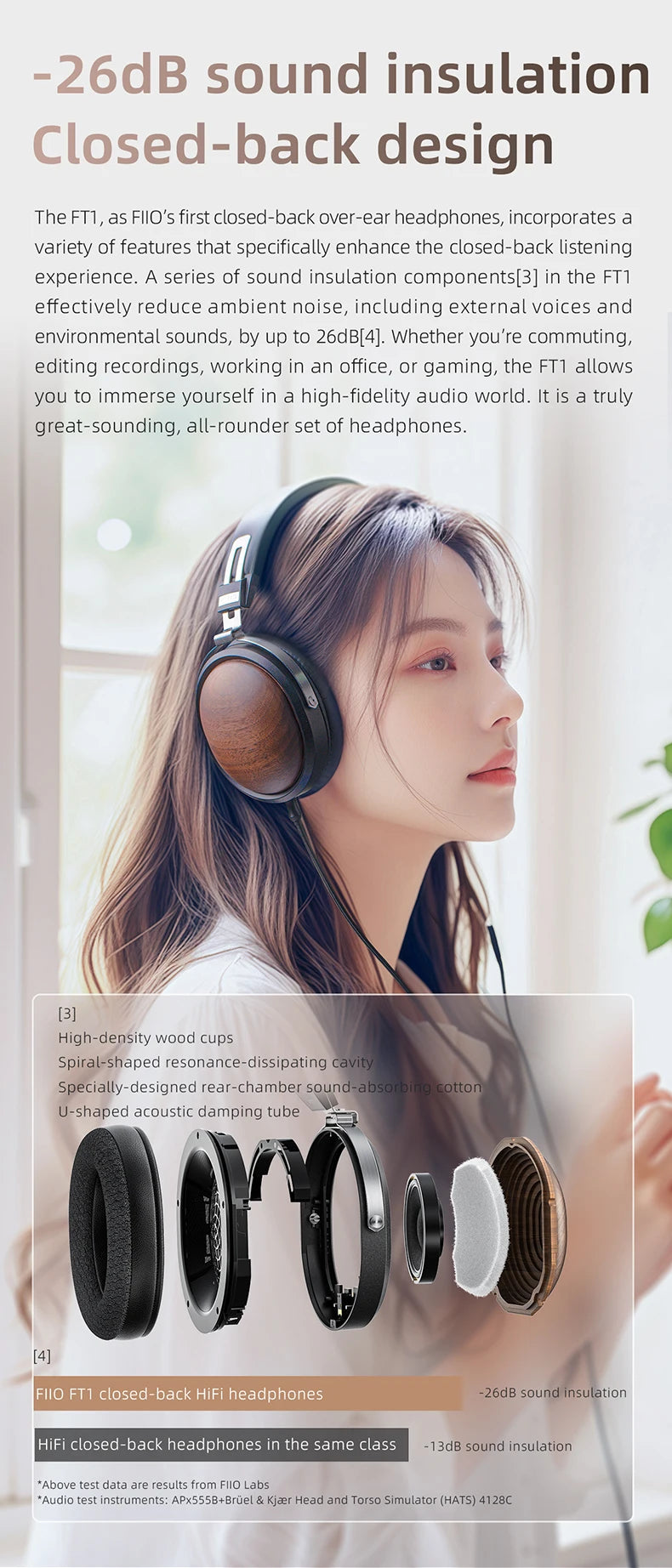 FiiO FT1-New version Closed-Back Over-Ear  Fiber Composite Diaphragm Wired Hi-Fi Headphones, American walnut Ear Cups for Studio