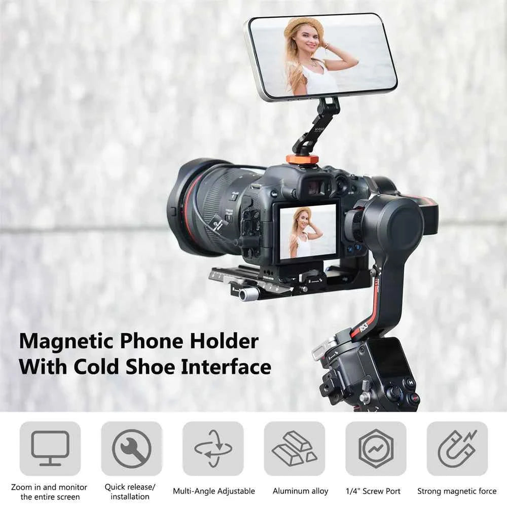 VRIG Magnetic Cold Shoe Mount Phone Holder W 1/4 Phone Tripod Mount for MagSafe iPhone 16 15 14 Samsung Camera Mic Light Monitor