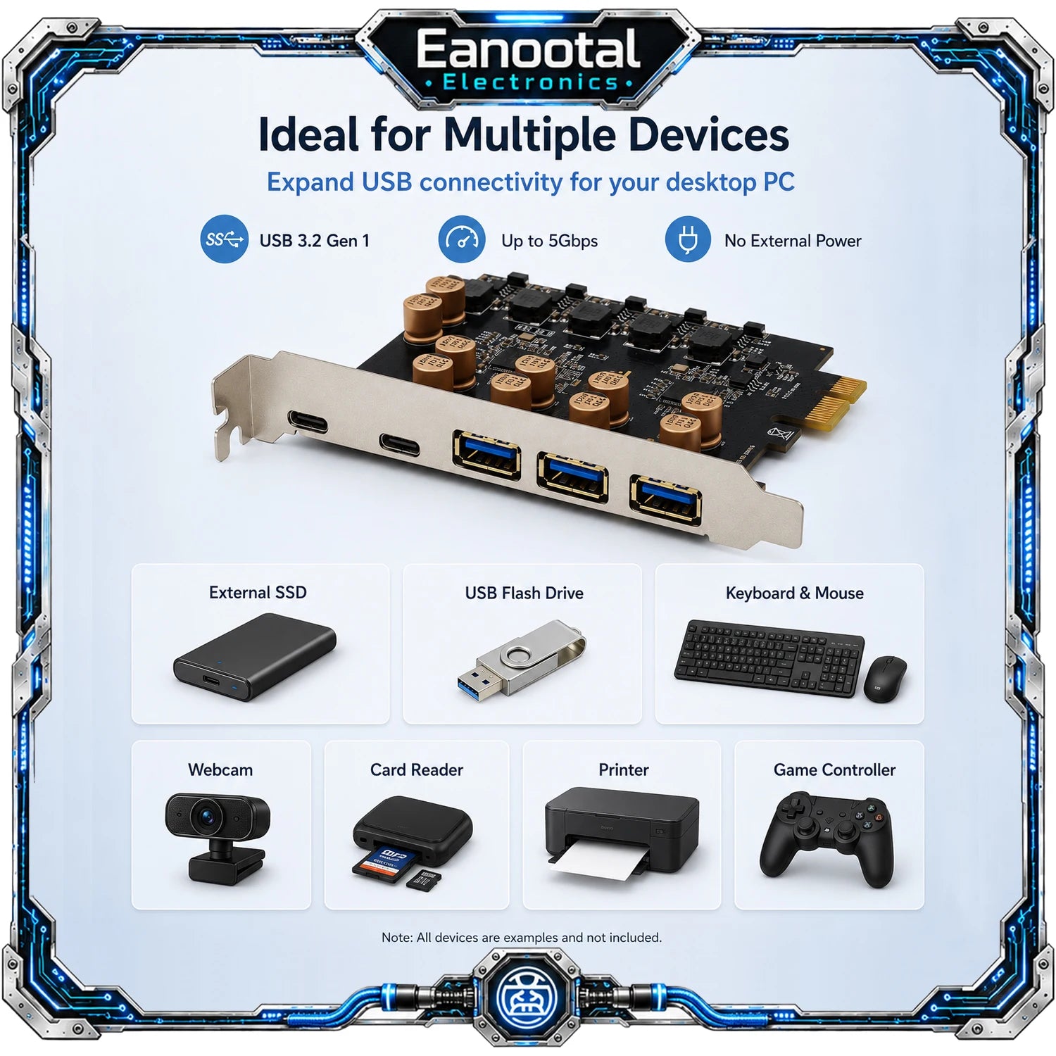 PCIe X1 to 5 Port USB 3.2 Gen 1 Expansion Card 3 USB-A 2 USB-C 5Gbps Adapter for Desktop PC