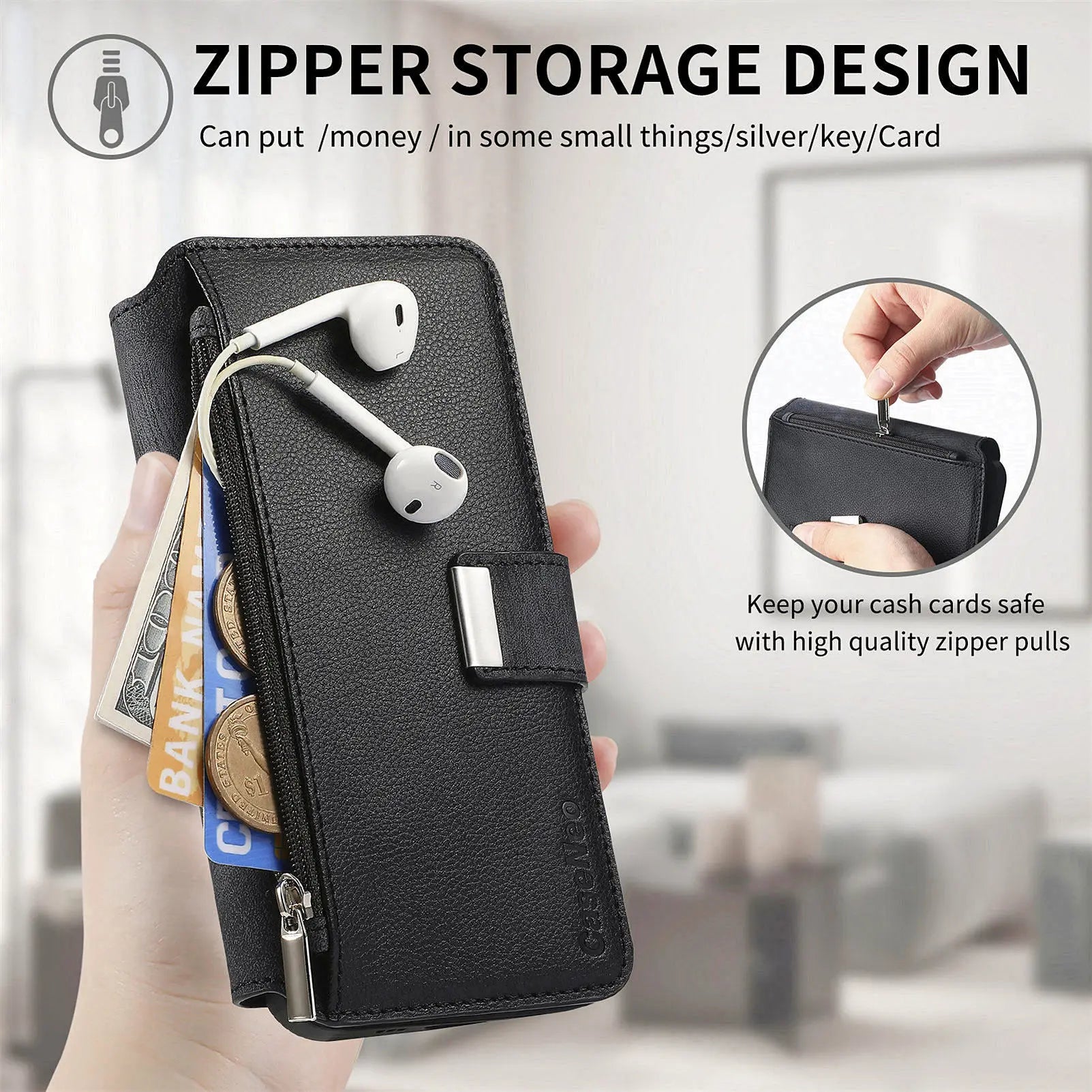 For iPhone 15 14 13 12 11 XS Max XR 8 7 6 Plus Wallet Case, Zipper Storage Design, Detachable Magnetic Flip Folio Cover