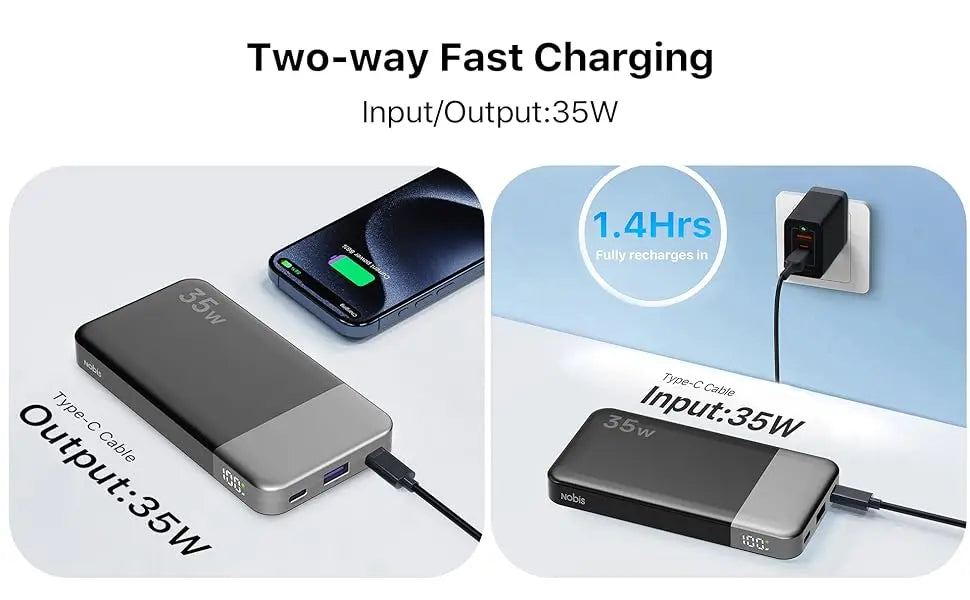 Nobis Mini Slim Power Bank 10000mAh External Battery Fast Charging 35W Portable Charger Digital Display For iphone 17 16 Samsung