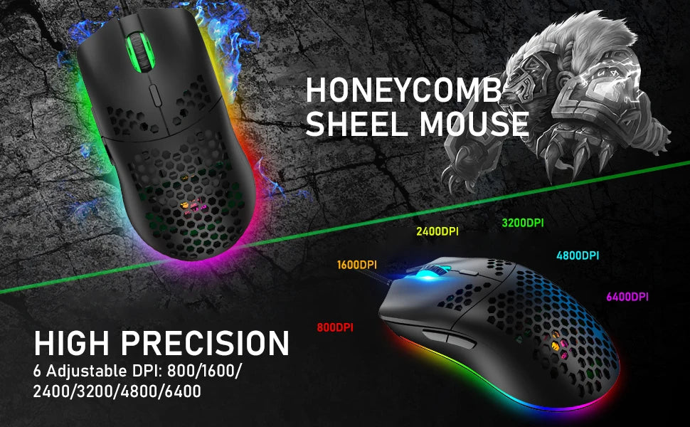 LED Backlit Wired Mechanical Keyboard Brown Switch&RGB 6400 DPI Lightweight Gaming Mouse with Honeycomb Shell 3 in 1 Set