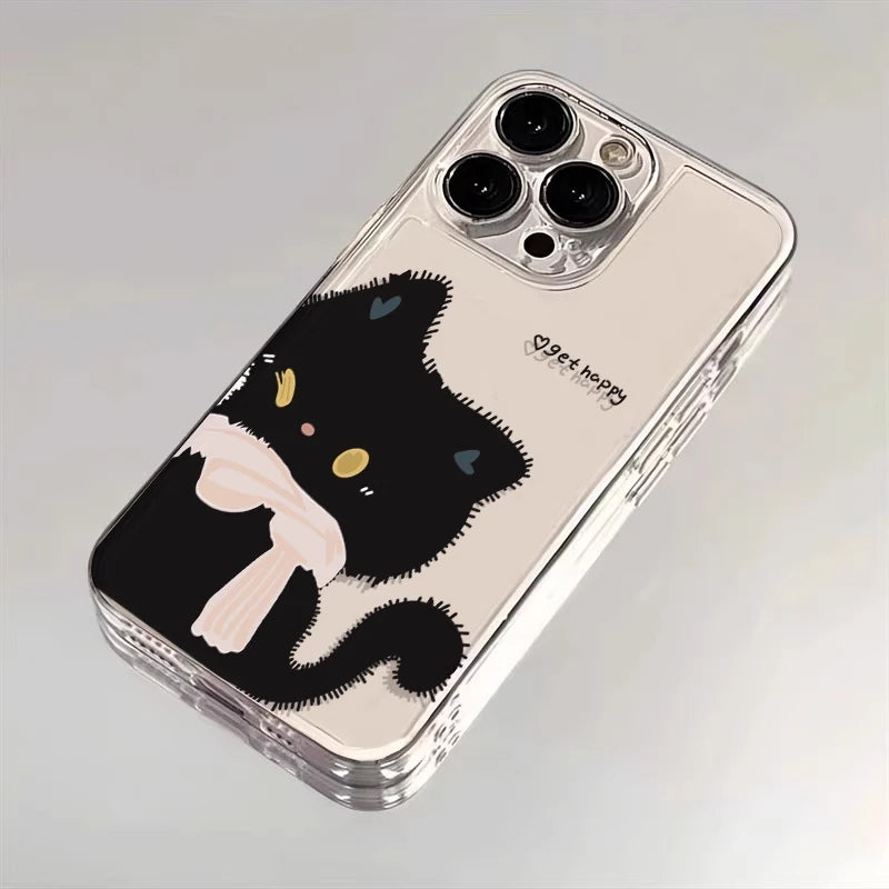 Cartoon Black White Cat Couple Paired Phone Case For iPhone 17 16 Pro Max 15 14 11 12 13 Plus Clear Cover Fundas