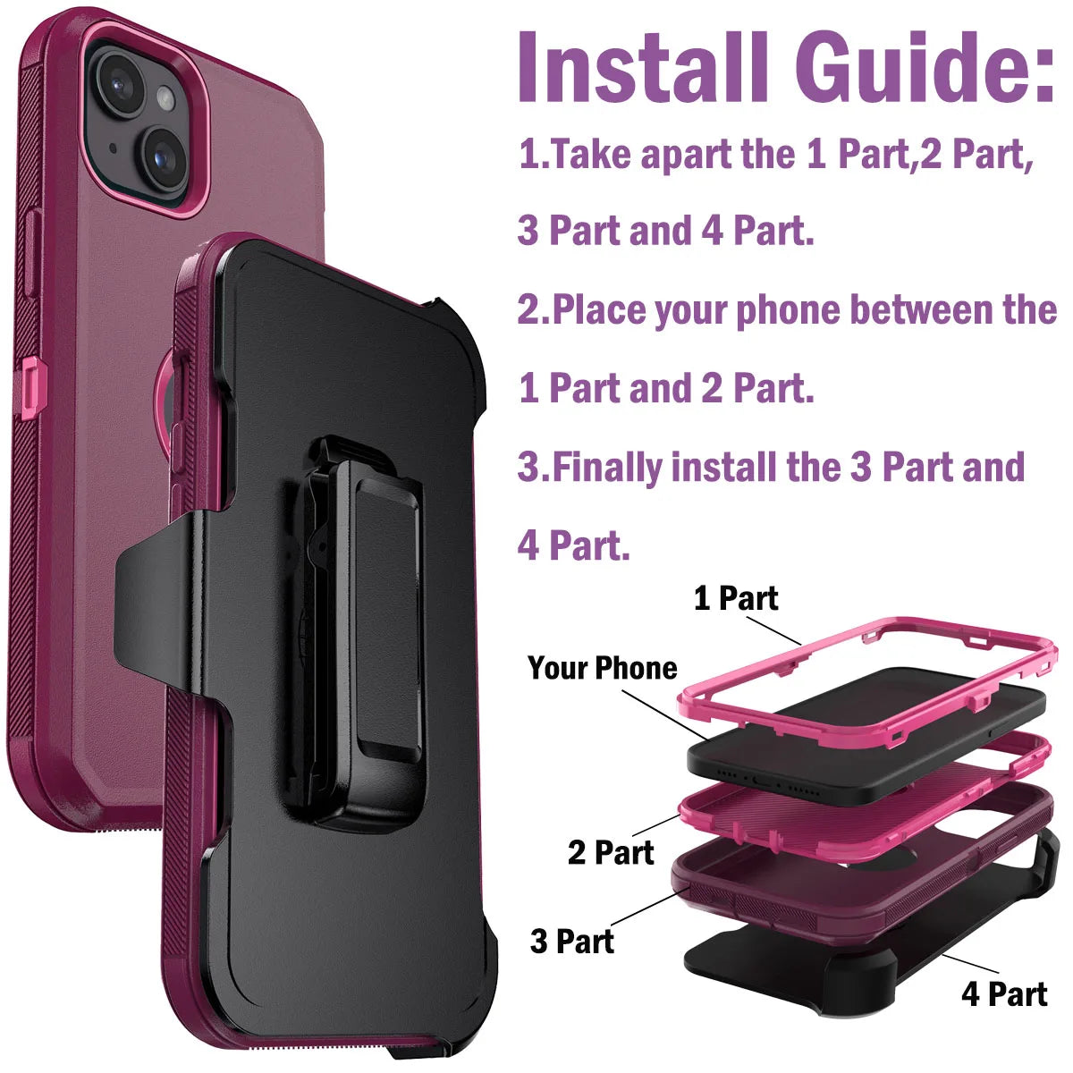 For iPhone 14/14 Plus/14 Pro Shockproof Phone Case Rugged Hybrid Heavy Duty Soft Protective Cover With Belt Clip