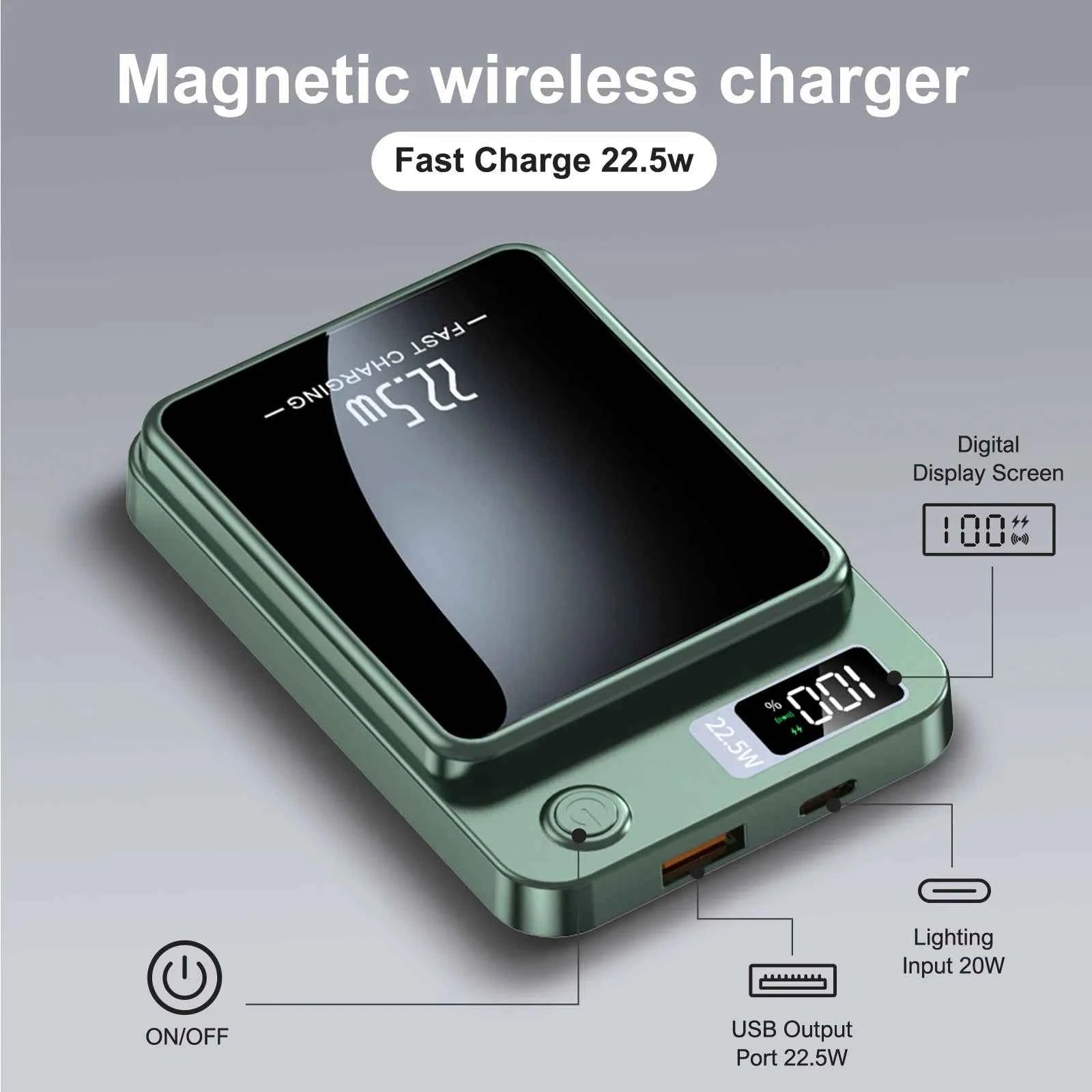 2-in-1 Wireless Magnetic Power Bank Fast Charging Portable PD 22.5W 10000mAh LED Power Display for iPhone 17/16/15/14 Samsung