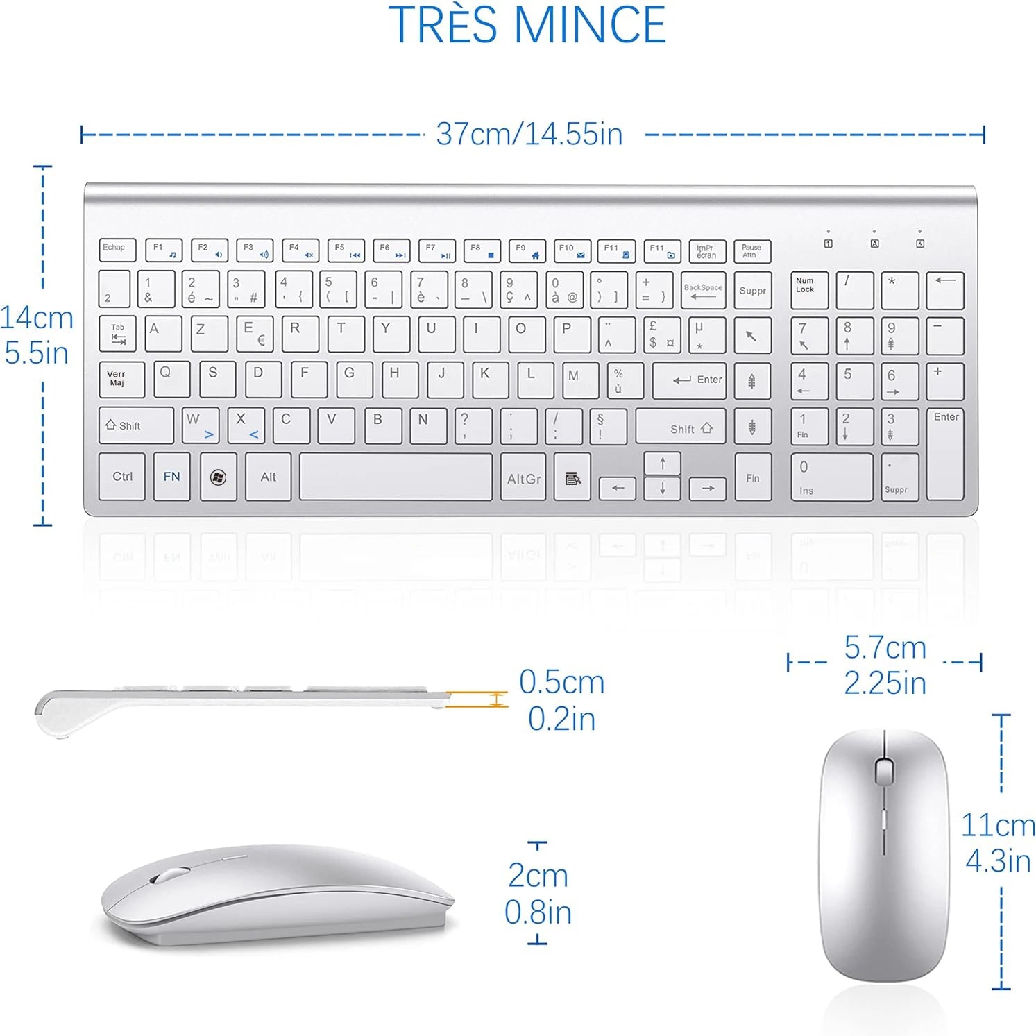 Wireless French Keyboard and Mouse Combo AZERTY Layout 2.4G USB Silent Ultra-Thin Compact Scissor for PC Laptop Desktop Windows