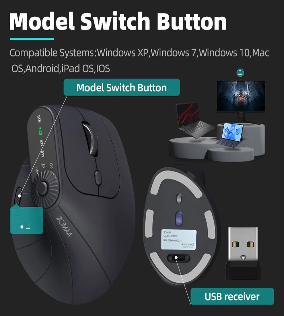 Wireless Vertical Mouse Rechargeable Optical Mice With Function Adjustment Knob Ergonomic Mouse for Multi-Purpose