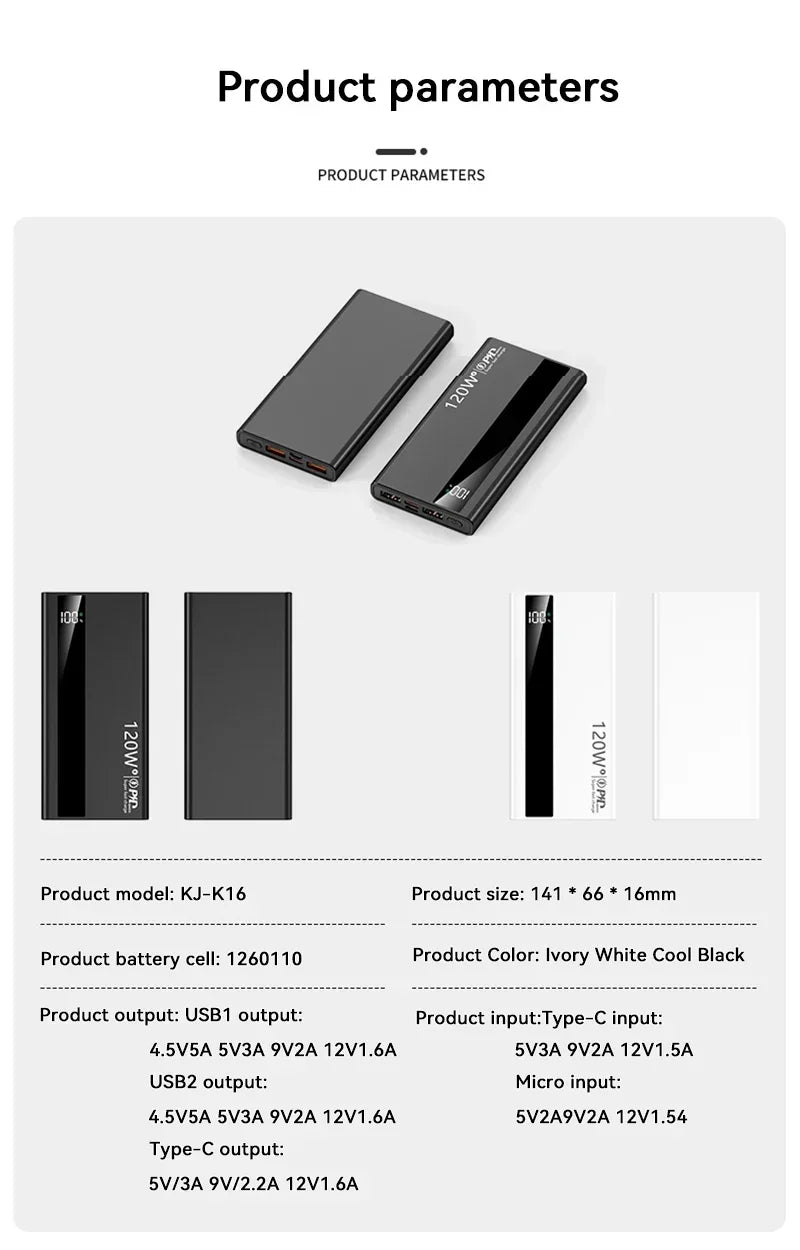 Lenovo 120W 500000mAh Capacity Power Bank Portable Super Fast Charging LED Digital Display External Battery for iPhone Samsung