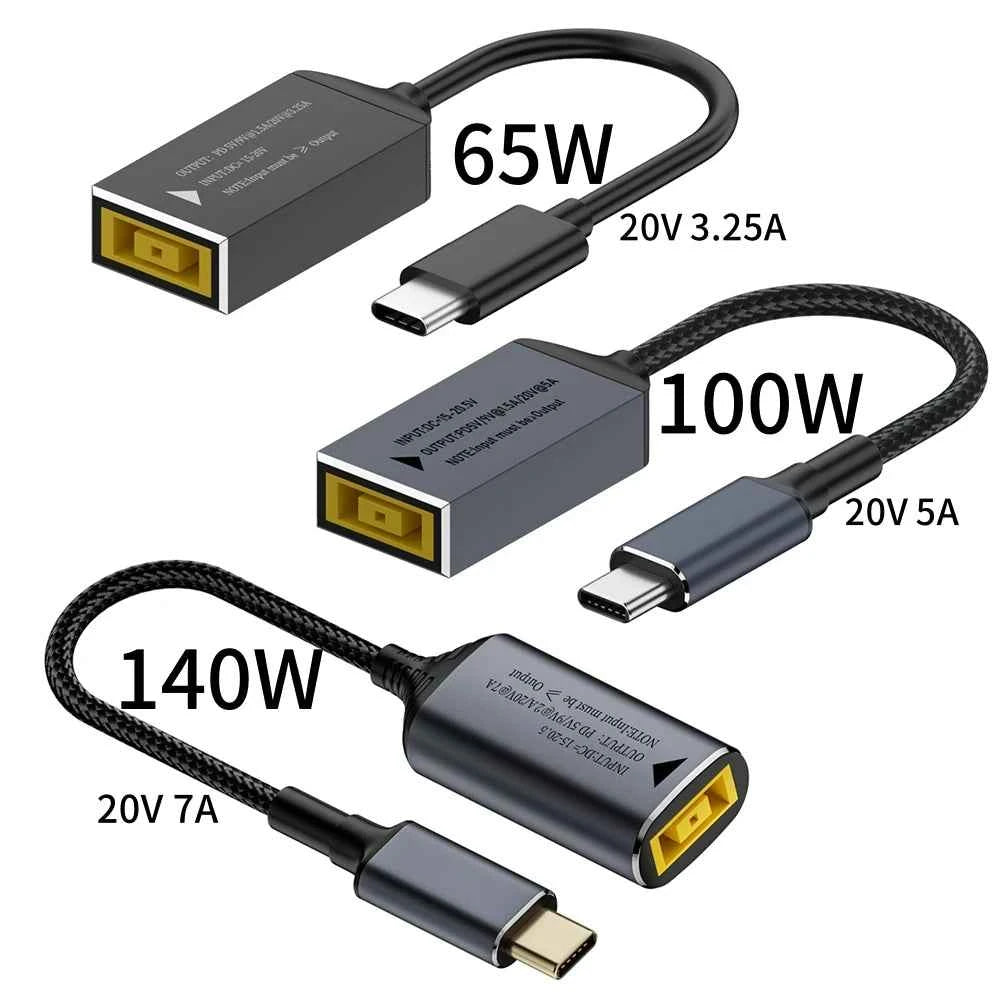 65W 100W 140W USB C Fast Charging Cable for Lenovo Laptop Charger DC Jack Square Plug To Type-C 5V/9V/20V PD Adapter Converter