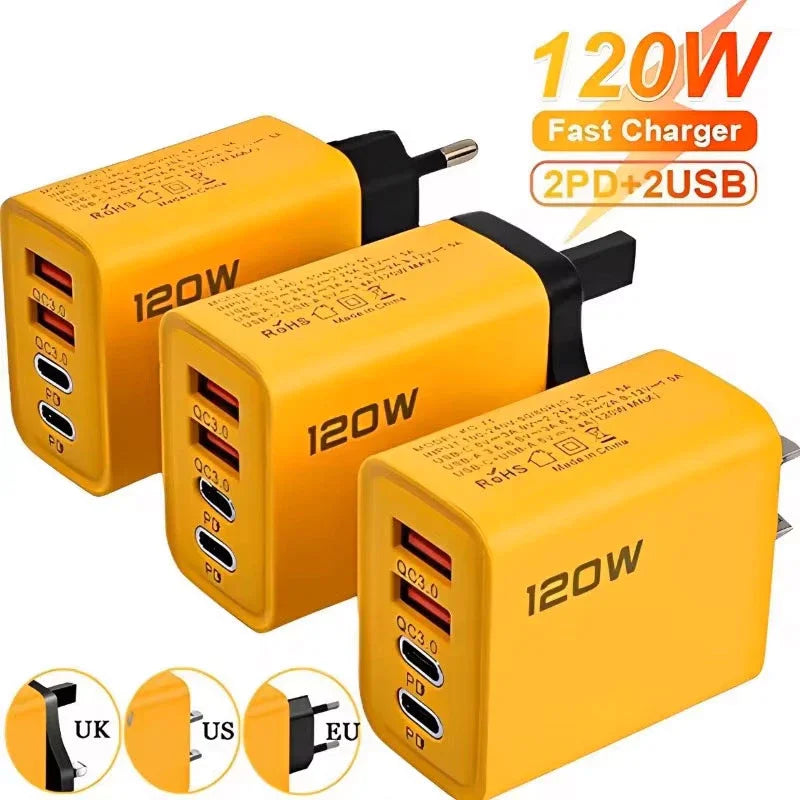 4 Port USB PD Charger 120W Type C Quick Charge Mobile Phone Charger Adapter For iPhone Samsung Xiaomi EU/US/UK Plug Wall Charger