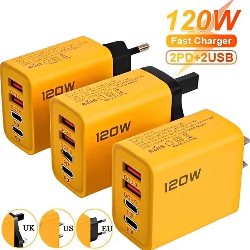 4 Port USB PD Charger 120W Type C Quick Charge Mobile Phone Charger Adapter For iPhone Samsung Xiaomi EU/US/UK Plug Wall Charger