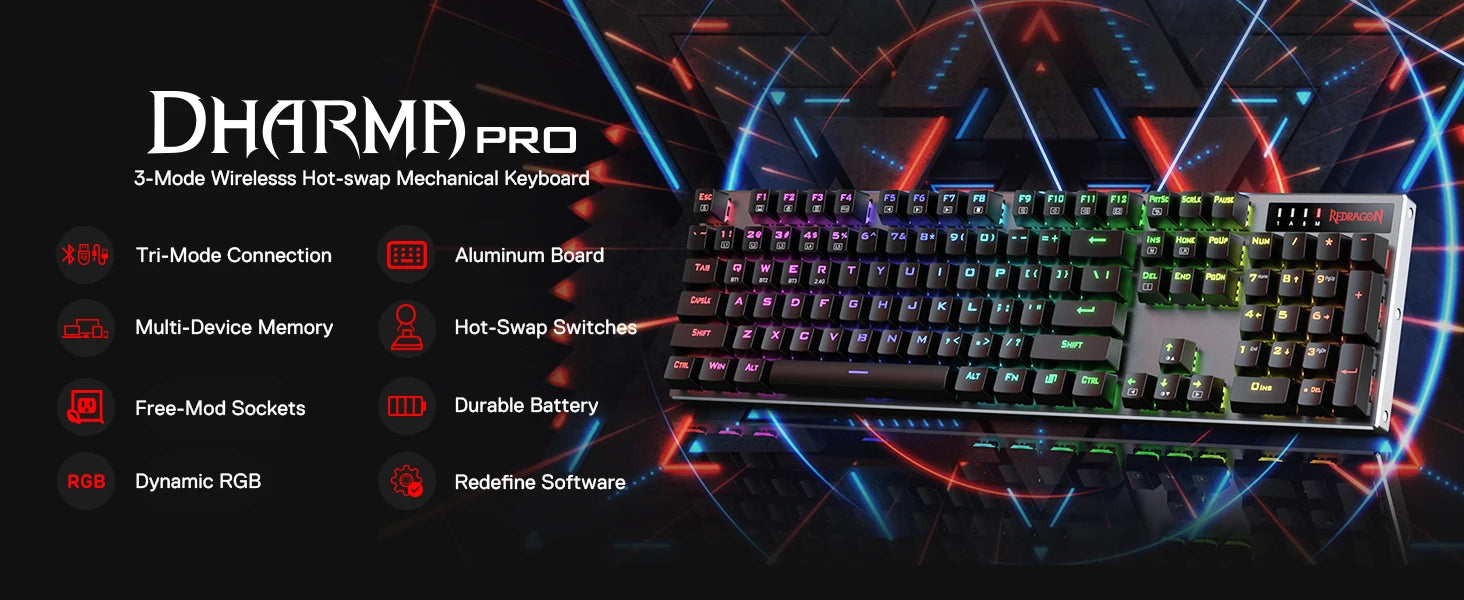 Redragon K556 PRO Upgraded Wireless RGB Gaming BT/2.4Ghz Tri-Mode Mechanical Hot-Swap Linear Quiet Red Switch Keyboard