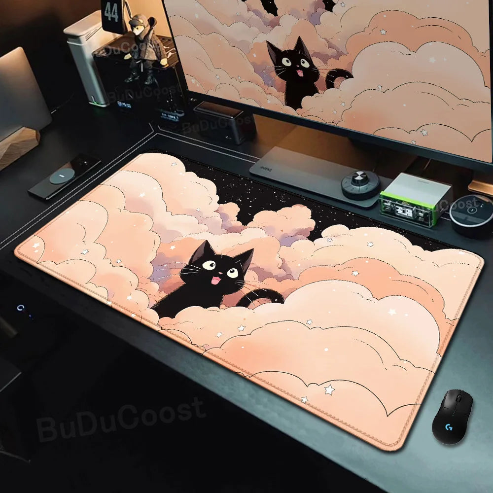 Kawaii Black Cat Mousepad Fast Delivery Keyboard Desk Mat 40x90cm Lock Edge Extend Mouse Pad Starlit Sky Office Table Protection