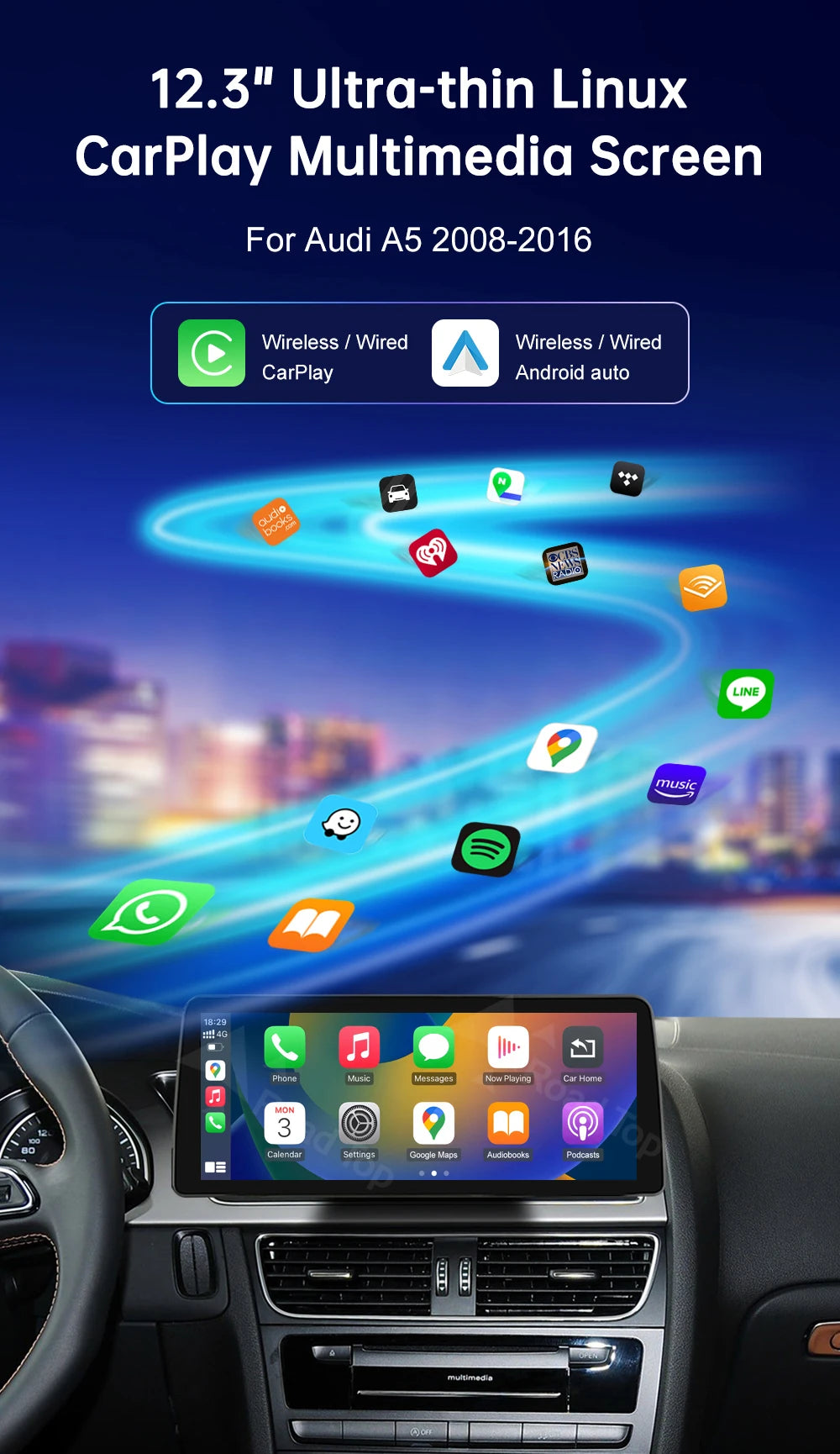 Road Top Radio Multimedia Linux Touch Screen For Audi A5 2008-2016 Wireless CarPlay Android Auto Airplay Car Player Function