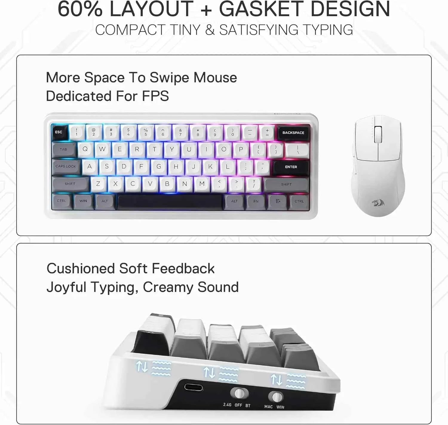 Redragon K722 PRO 60% Wireless Gasket RGB Gaming 61 Keys Hot-Swap Compact Mechanical Free-Mod Socket Keyboard