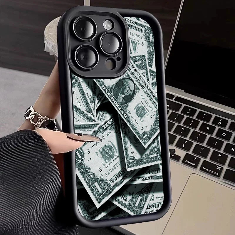 Pink Dollars Full-Coverage Banknote Design Silicone Phone Case For iPhone 17AIR 16 15 14 13 12 11PROMAX Cover