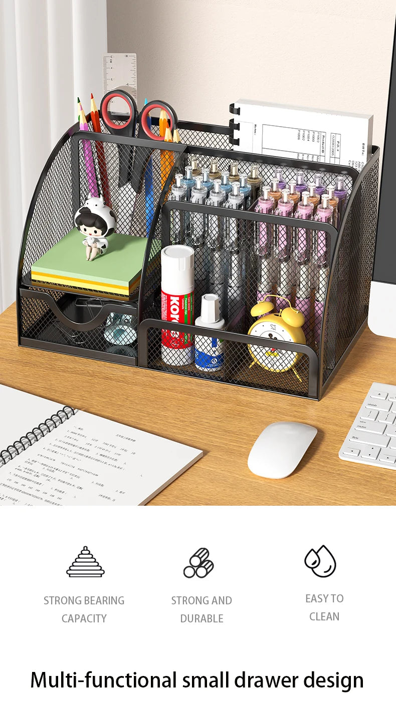 Mesh Pen Holder and Organizer Office Supplies with 7 Compartments, Desktop Organizer with Drawer, Metal Pen Holder for Desk
