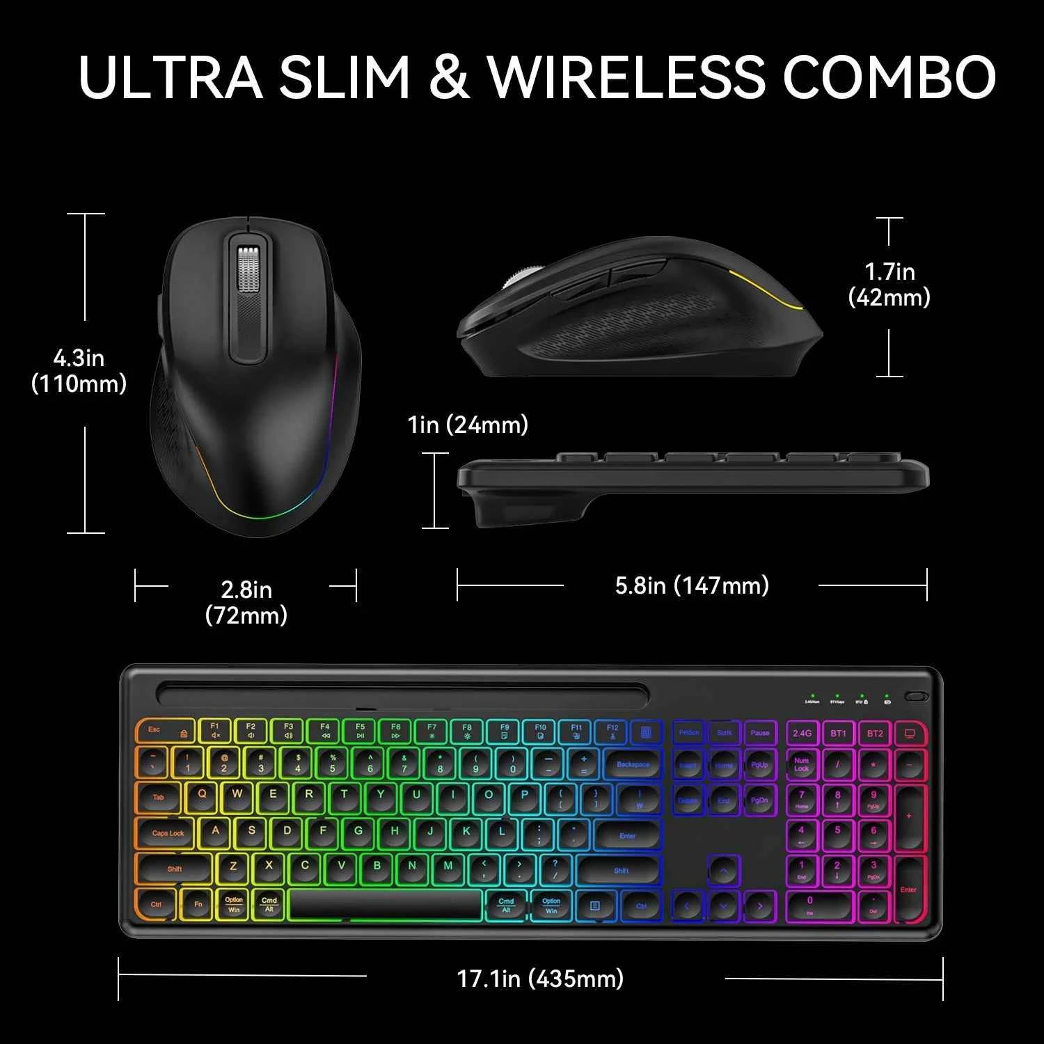 Ergonomic Backlit Keyboard Mouse Combo with Phone Holder 2.4G Wireless Rechargeable Keyboard Mouse Set for Win XP/7/8/10/11