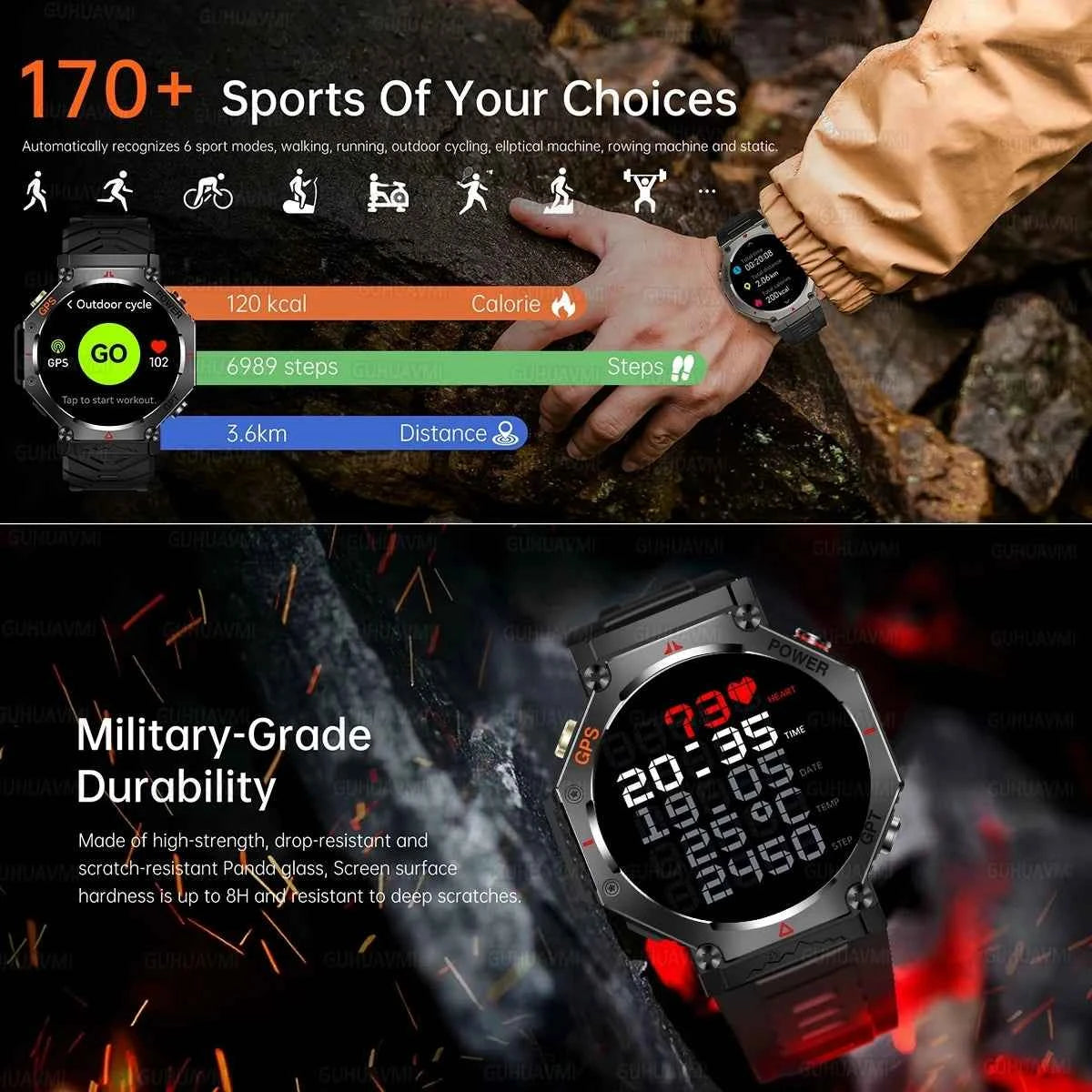 T-Rex 3 Ultra Military Grade GPS Smart Watch 10ATM Waterproof Compass Altimeter Barometric AMOLED Men HD Call Sports Smartwatch