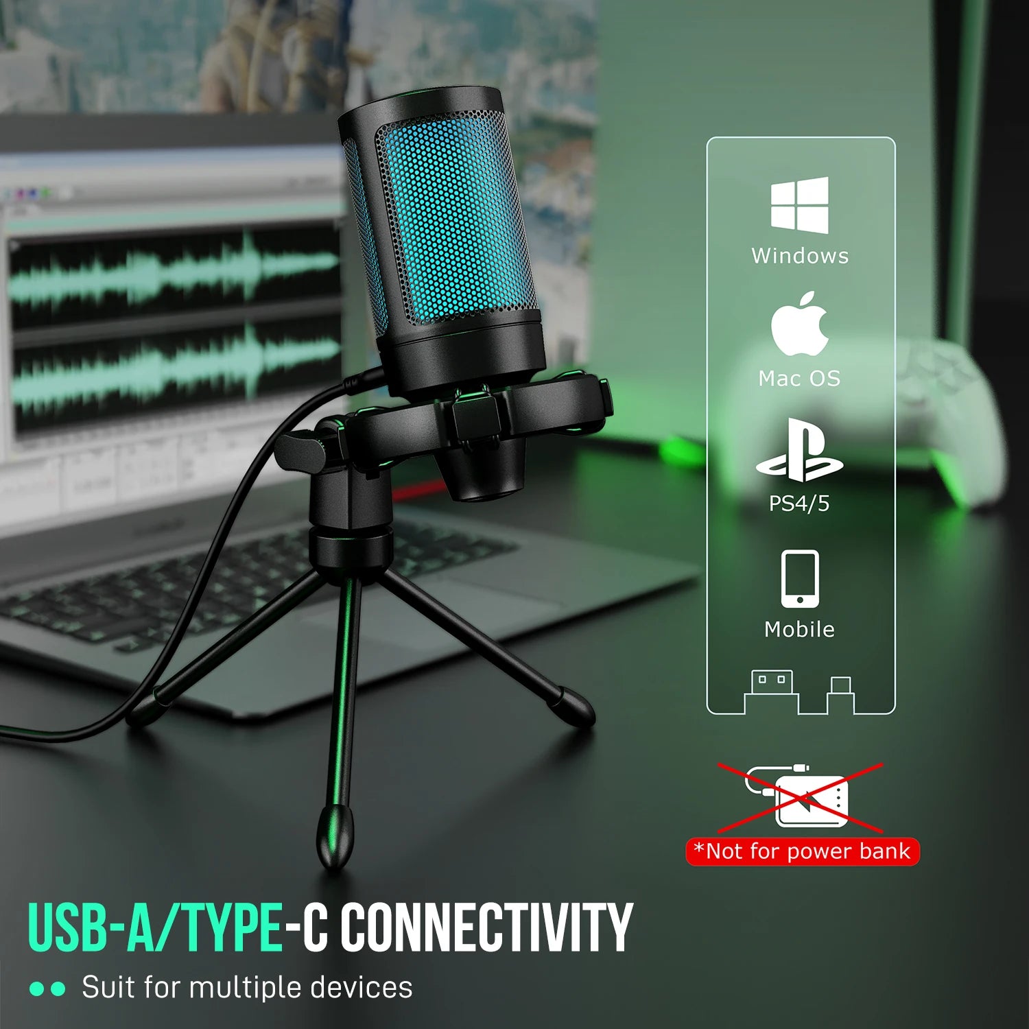 AmpliGame by FIFINE RGB USB Gaming Microphone with Light-touch Mute,Condenser Mic with Tripod for PC,PS4/5,Laptop Streaming-A2 - WinSupport Tech