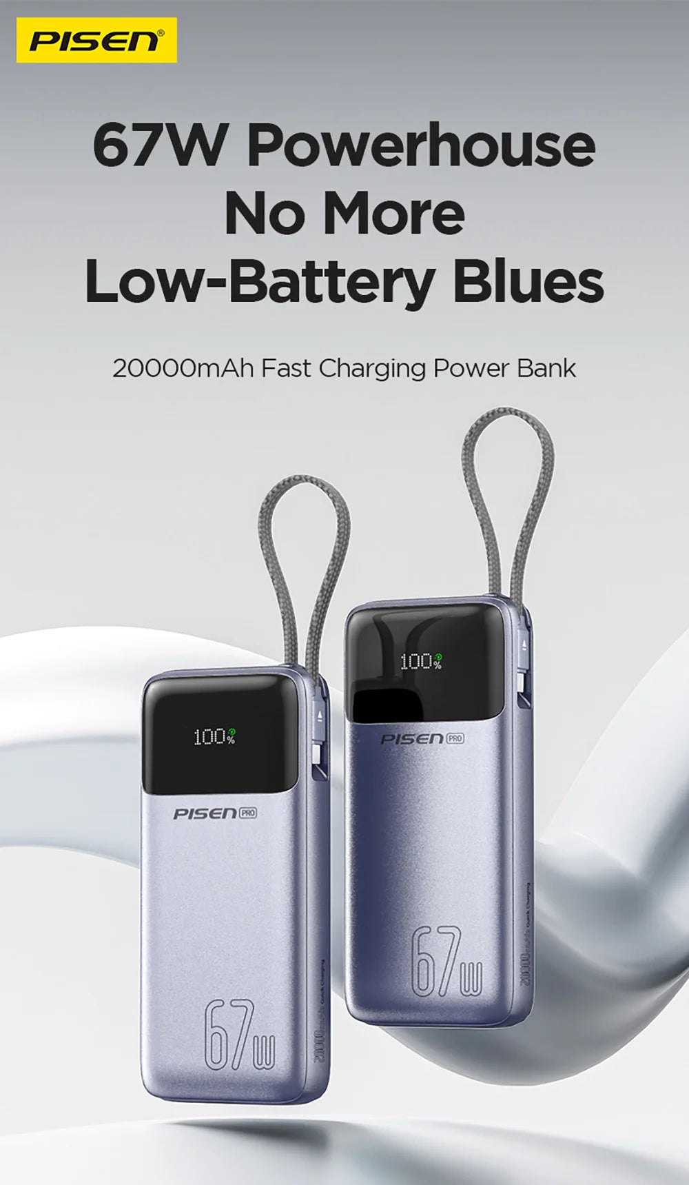 PISEN 20000mAh 67W Power Bank With Fast Charging Cable CCC External Battery For 65W Laptops/ 45W Samsung Phones/ iPhone & iPad