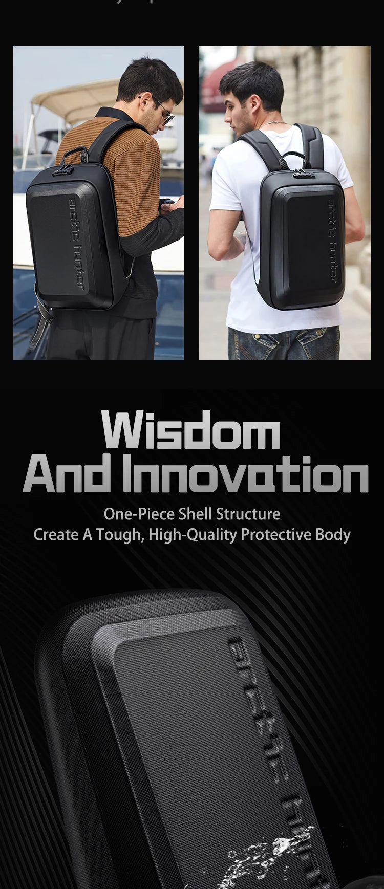 ARCTIC HUNTER Anti-Theft Mochilas Business Backpack Waterproof EVA Hard Shell Carbon Fiber Motorcycle USB Sports Backpack