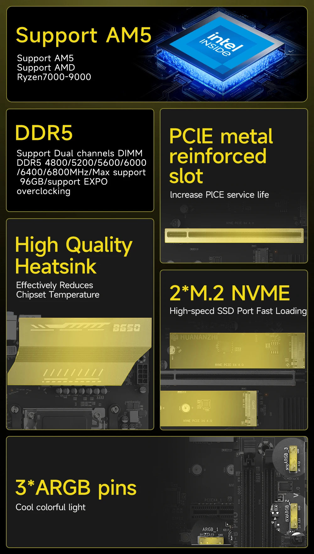 HUANANZHI B650M B PRO AMD AM5 Motherboard Support Ryzen R5 R7 7000 8000 9000 Series M.2 NVME WIFI Dual Channel DDR5 EXPO RAM - WinSupport Tech