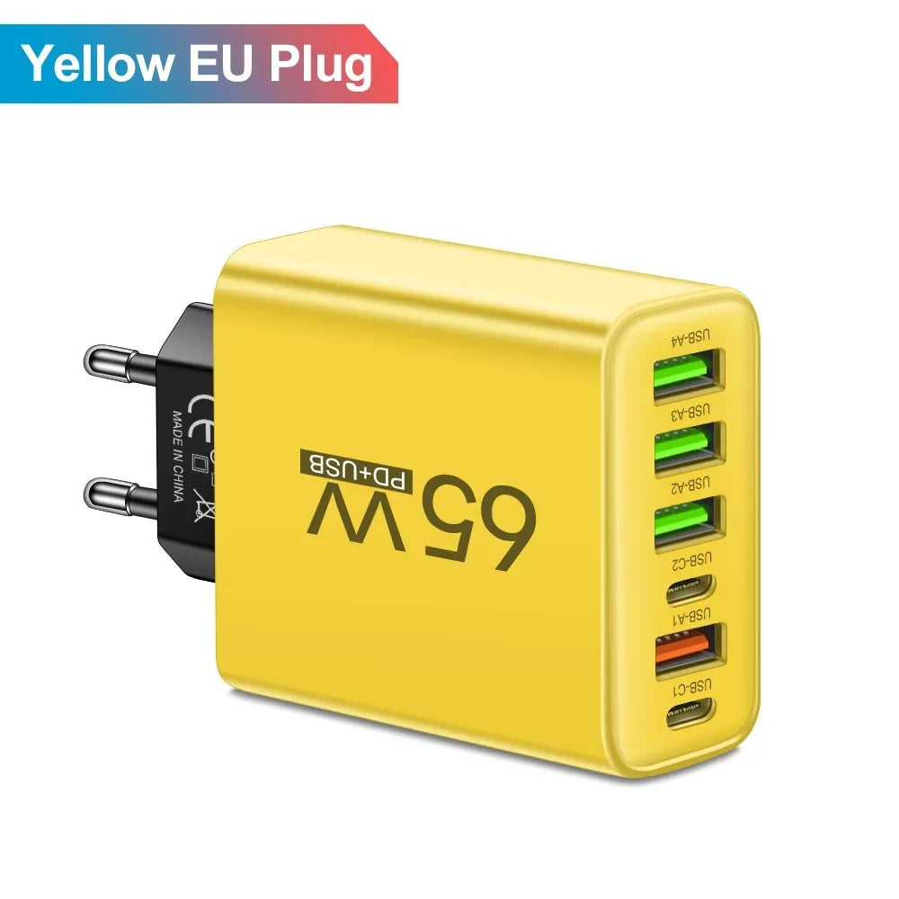 Multi Ports 65W USB Charger Fast Charging Type C Phone Charger Adapter For iPhone Samsung Xiaomi Huawei EU/US Plug Wall Charger