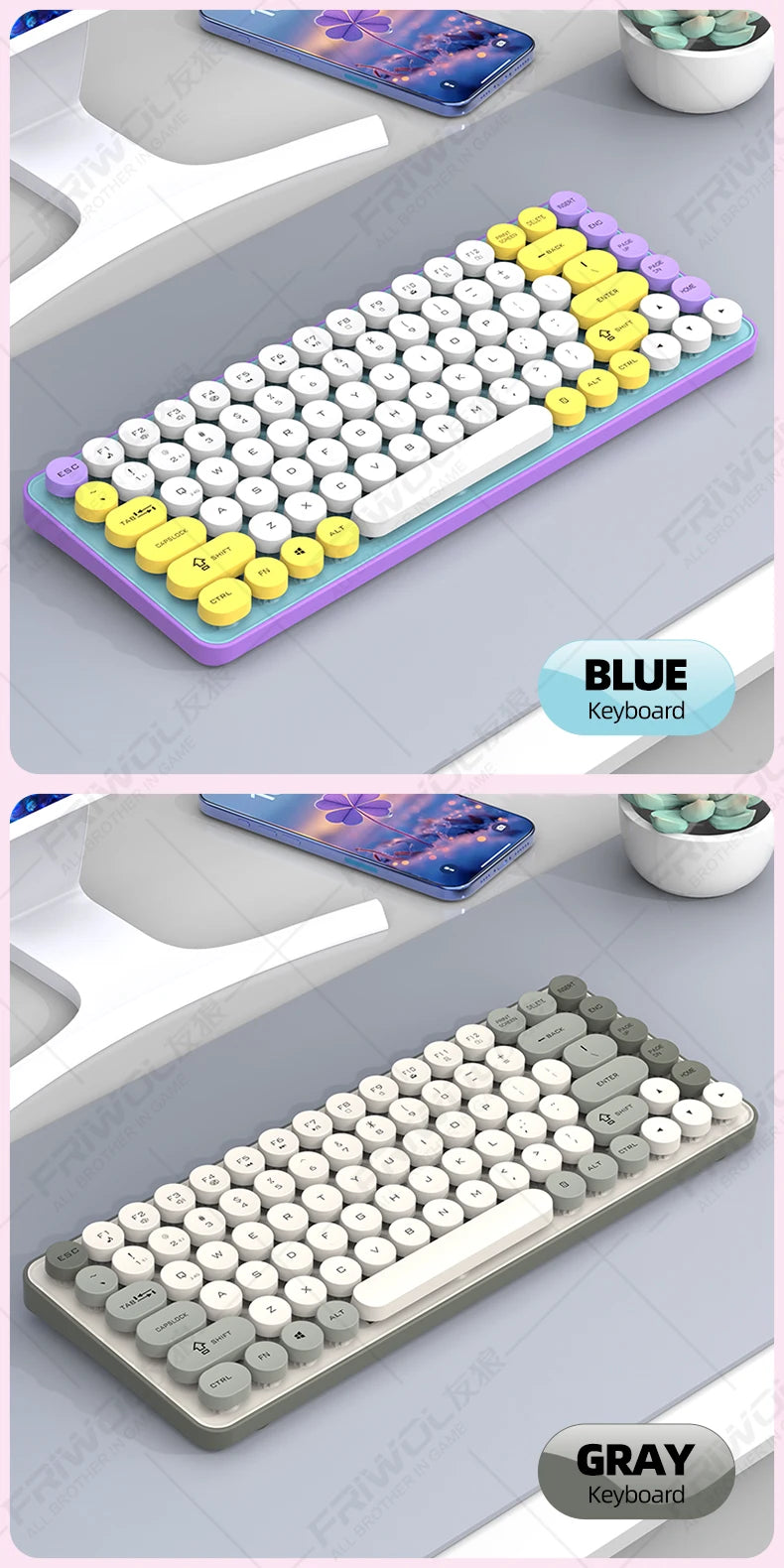Friwol BT185 Bluetooth Wireless Keyboard Mouse Set Punk Keycap Laptop Desktop Office Mute Keyboard Mechanical Feel