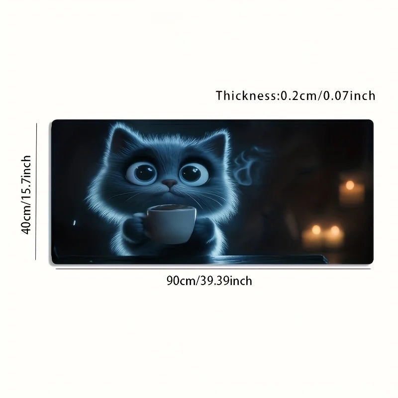 1 Large Gaming Mouse Pad - Non-Slip Washable Surface, Cute Cat Holding Coffee Design, Expressive, Extra-Long Desk Mat for PC, Office, Esports - Ideal Gamer