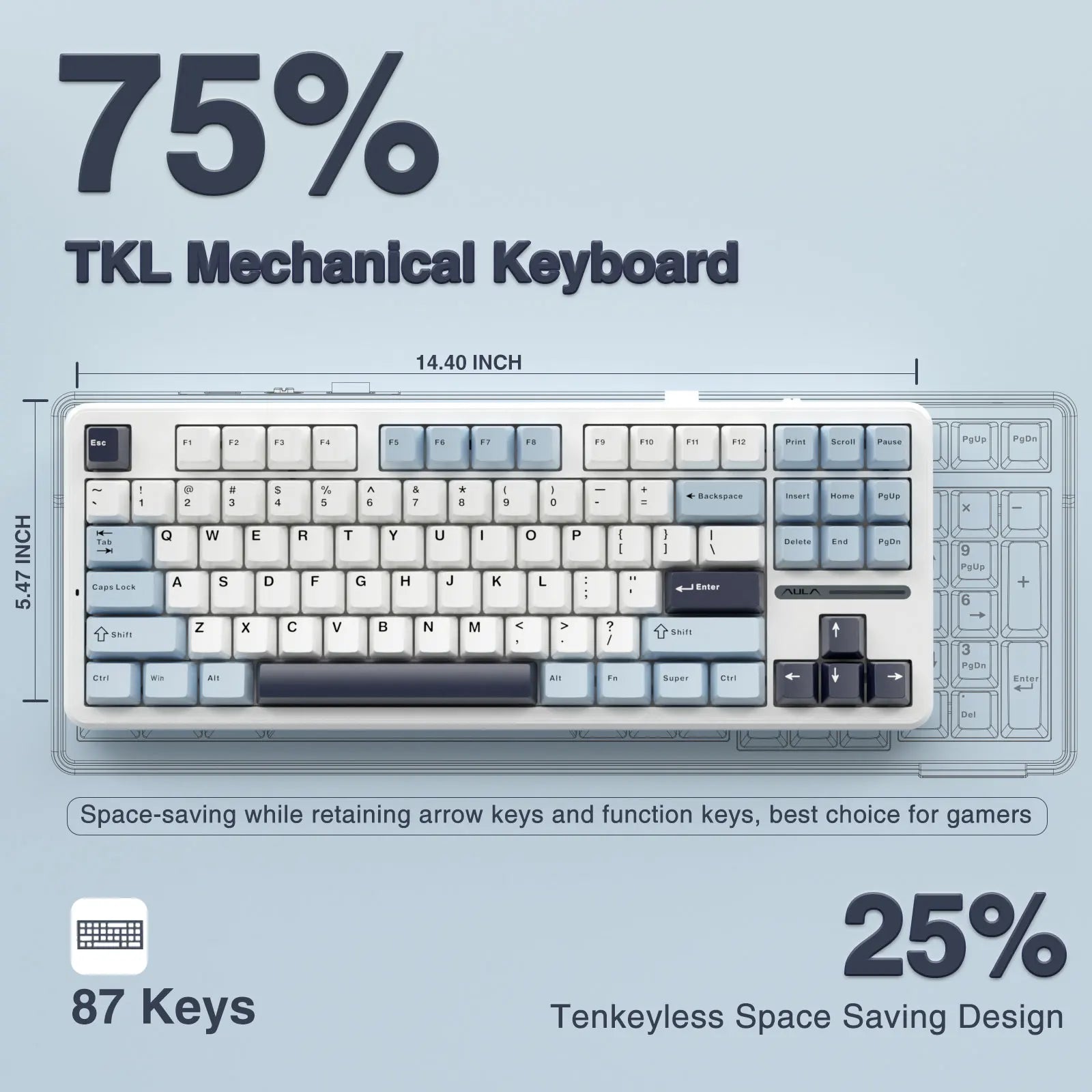 AULA F87 Wireless Keyboard 87 Keys Compact TKL 3 Modes Gasket Gaming Keyboard Hot-Swap RGB Custom RGB Backlit Bluetooth Keyboard