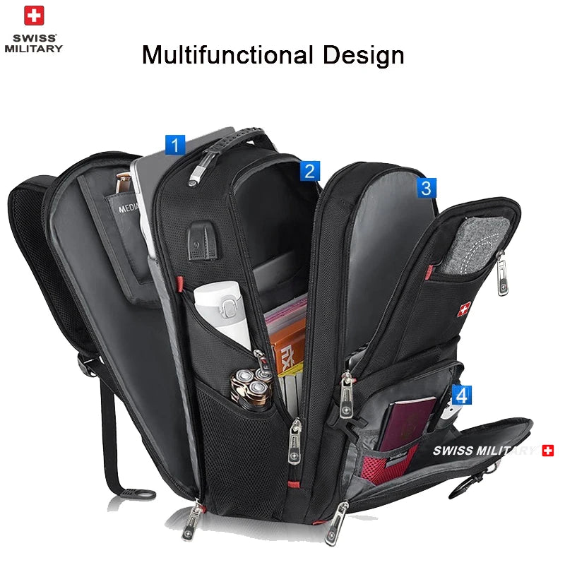 SWISS MILITARY Fashion Travel Multifunction Large Capacity Male Bag Usb Charging Waterproof 23 inch Laptop Backpack Men Mochila