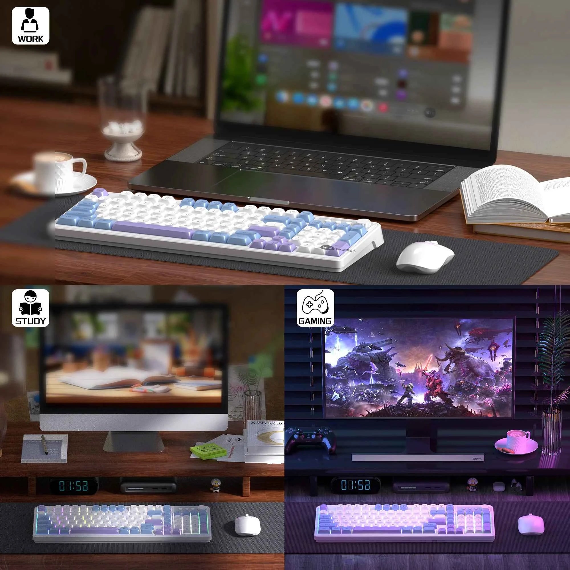 MageGee Wireless Gaming Keyboard and Mouse Combo V560, RGB Backlit Rechargeable Mechanical Feel 2.4GHz Quiet Blue White Purple K