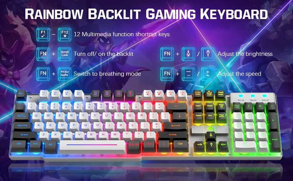 MAMBASNAKE T11 5-IN-1 Wired Rainbow LED Backlit Keyboard and Mouse, Over Ear Headphone with Mic, Gaming Mice and Pad, Speaker
