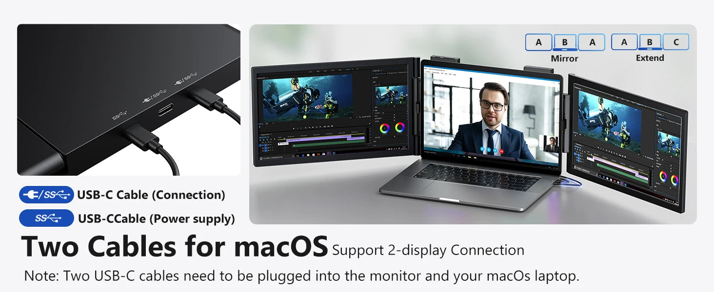 Amoudo14 Inch Dual Portable Monitor 1920*1080P IPS Portable Triple Monitor with USB-C Port for 14-16.5