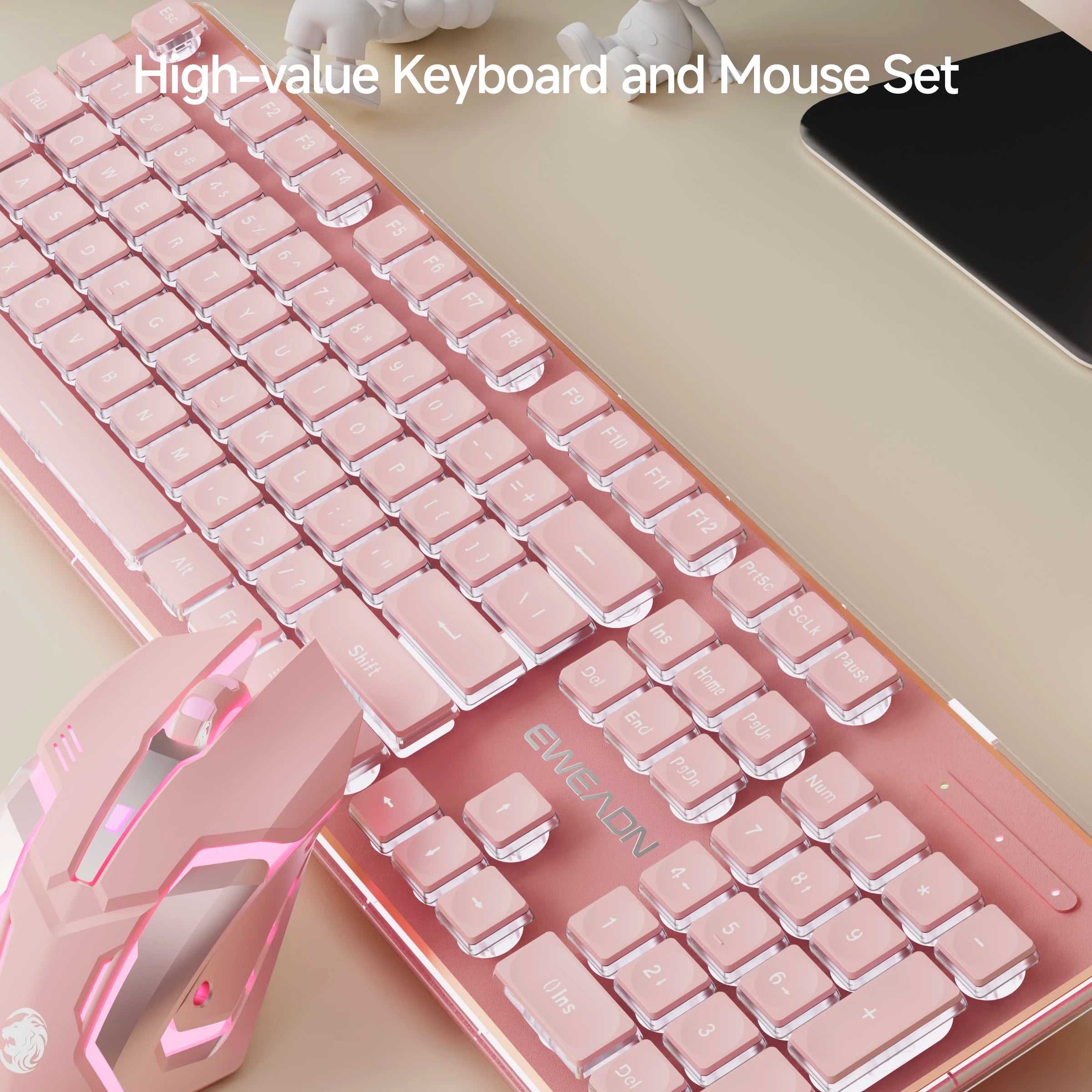 EWEADN Bluetooth Dual-Mode 2.4GHz Wireless Keyboard and Mouse Set, Ergonomic, Silent, Backlit, Gaming & Office, Green/Pink/White