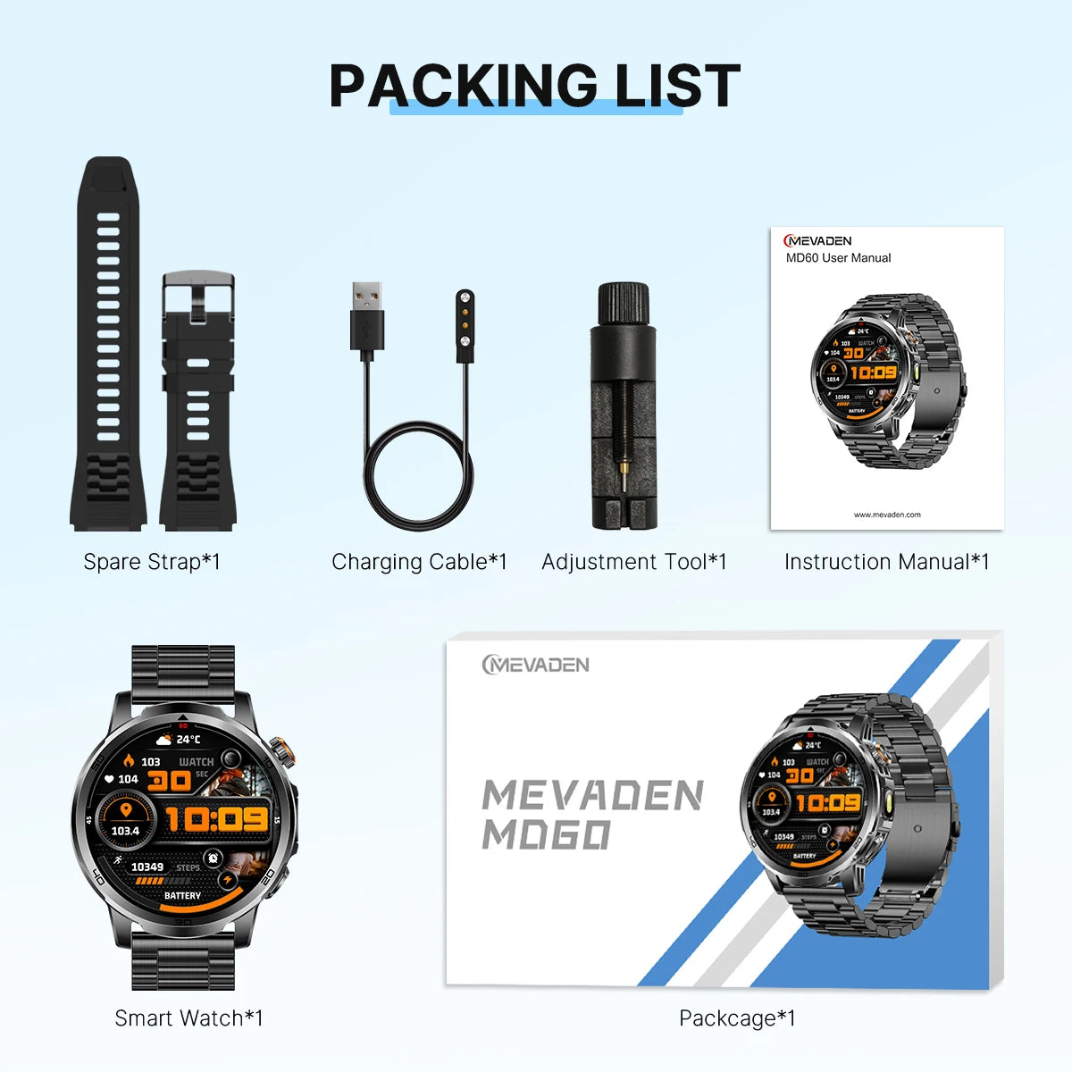 MEVADEN 1.85 inch Steel Smart Watch Men Bluetooth Call Smartwatch Sports Flashlight 1000mAh Health Monitor Watch for Male MD60
