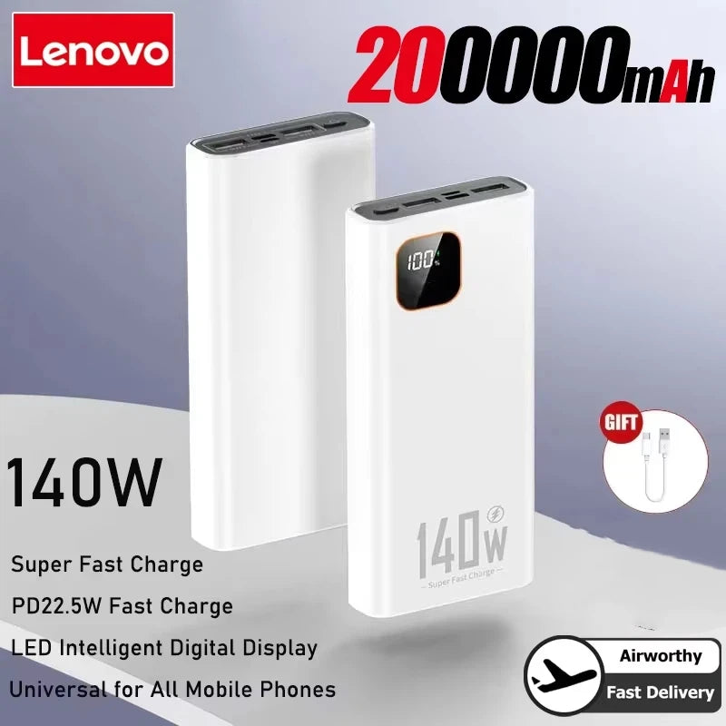 Lenovo 200000mAh 140W Ultra Capacity Power Bank Super Fast Charge Portable Battery Charger For IPhone Samsung 2026 New